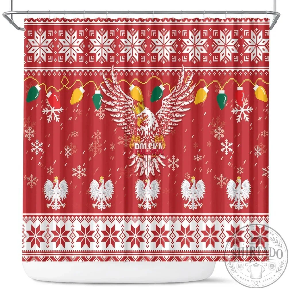 Poland Christmas White Eagle Holiday Snow Pattern Shower Curtain