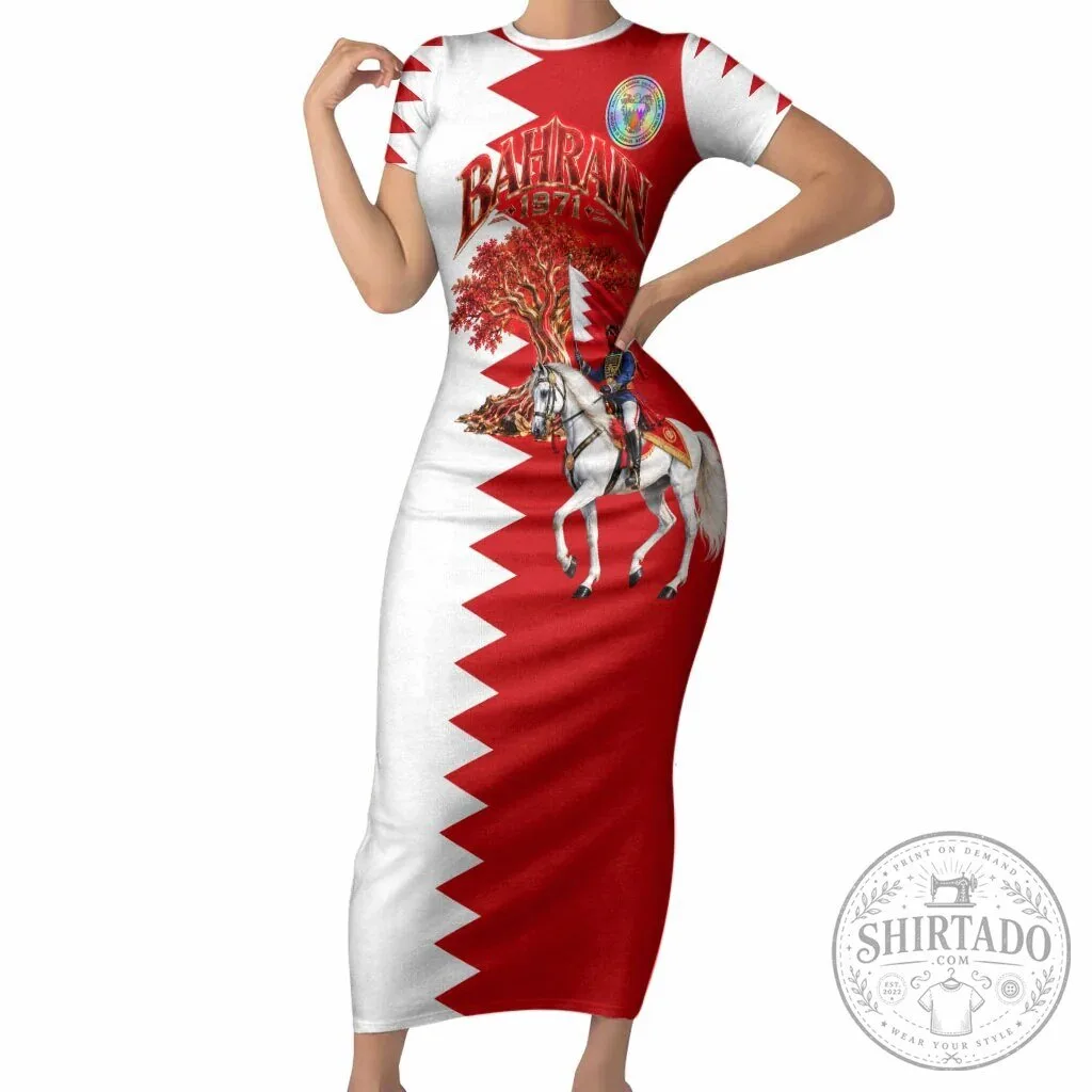 Bahrain National Day Cultural Emblem Flag Horse Knight Short Sleeve Bodycon Dress