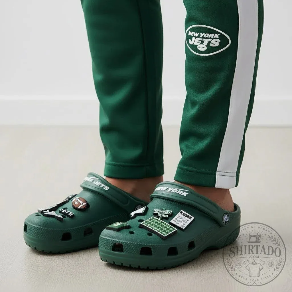 Green Crocs Shoes featuring Jibbitz Charms for New York Jets NFL Fans 8 Green Crocs Shoes featuring Jibbitz Charms for New York Jets NFL Fans