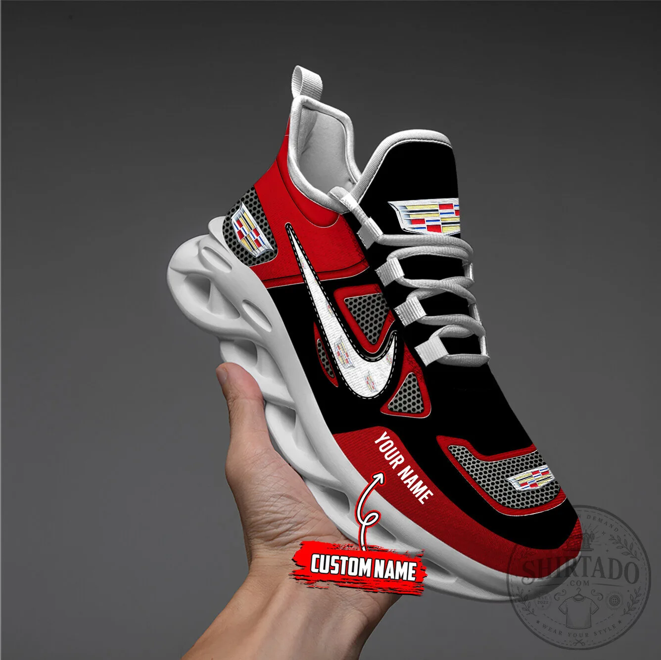 Custom Name Cadillac Logo Red Black Max Soul Shoes 20 Custom Name Cadillac Logo Red Black Max Soul Shoes