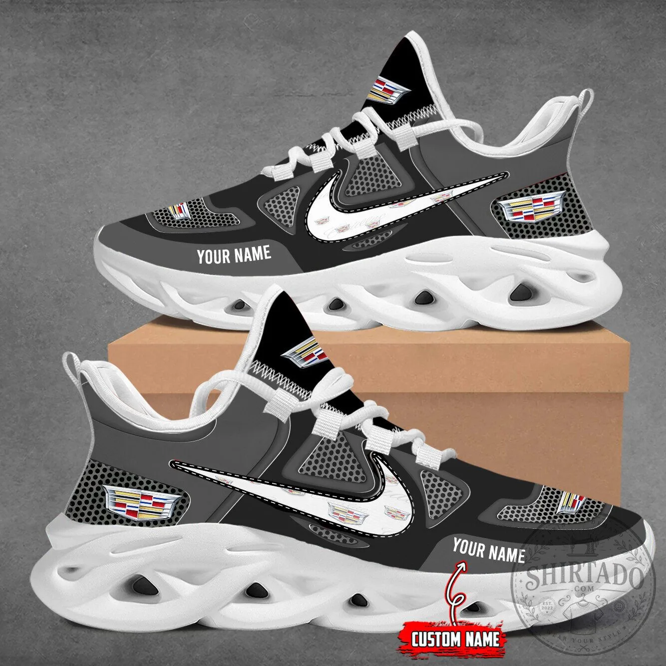 Custom Name Cadillac Logo Red Black Max Soul Shoes 28 Custom Name Cadillac Logo Red Black Max Soul Shoes