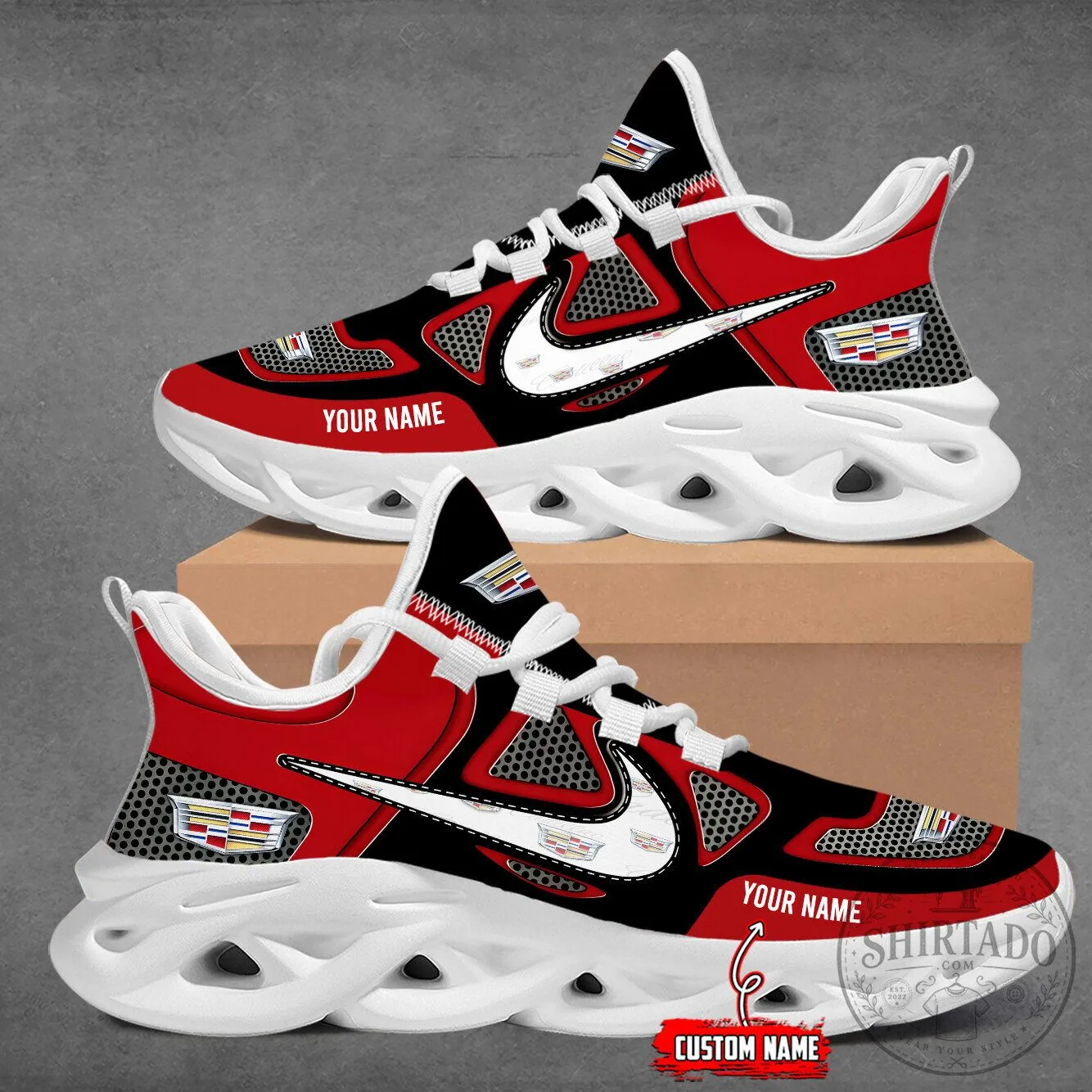 Custom Name Cadillac Logo Red Black Max Soul Shoes 30 Custom Name Cadillac Logo Red Black Max Soul Shoes