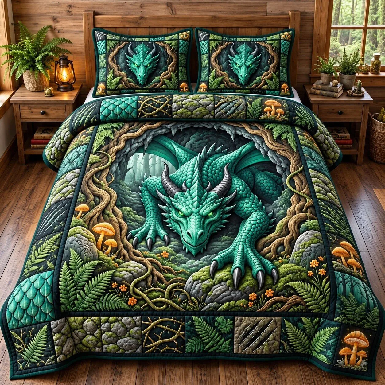 Mythical Green Dragon Forest Quilted Bedding Set with Pillow Shams 7 Mythical Green Dragon Forest Quilted Bedding Set with Pillow Shams