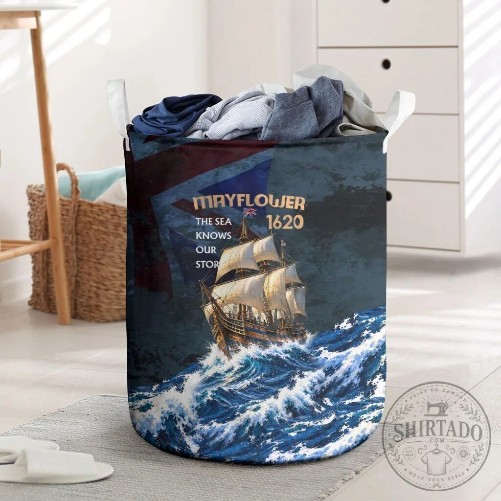 Mayflower 1620 Ship Vintage Nautical Ocean Waves Art Laundry Basket