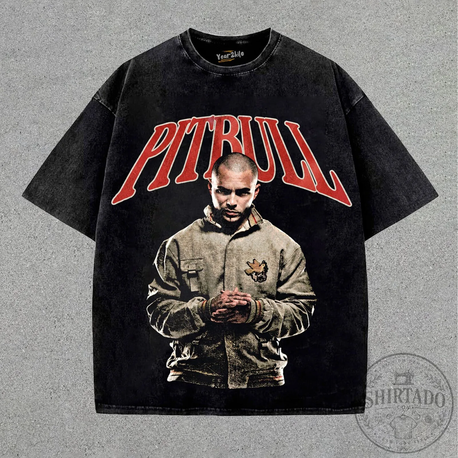 Pitbull Rapper Portrait Graphic Washed Black Short Sleeve T-Shirt