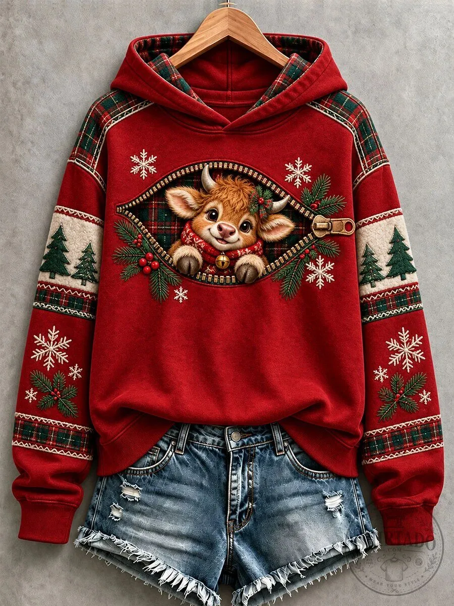 Highland Cow Peeking Christmas Red Plaid Snowflake Hoodie