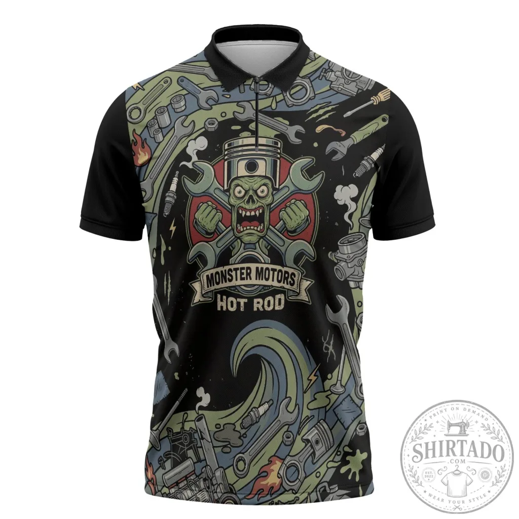 Monster Motors Hot Rod Mechanic Zombie Engine Tools Polo Shirt Monster Motors Hot Rod Mechanic Zombie Engine Tools Polo Shirt