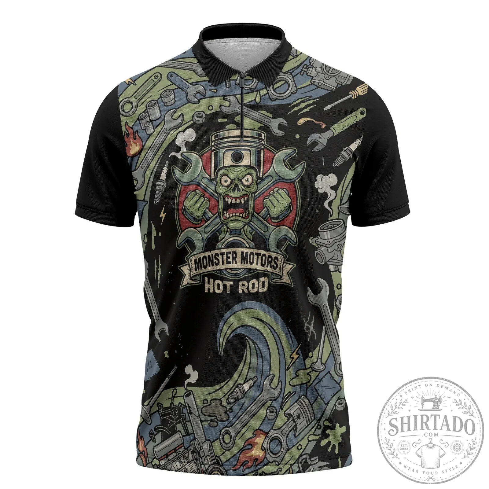 Monster Motors Hot Rod Mechanic Zombie Engine Tools Polo Shirt