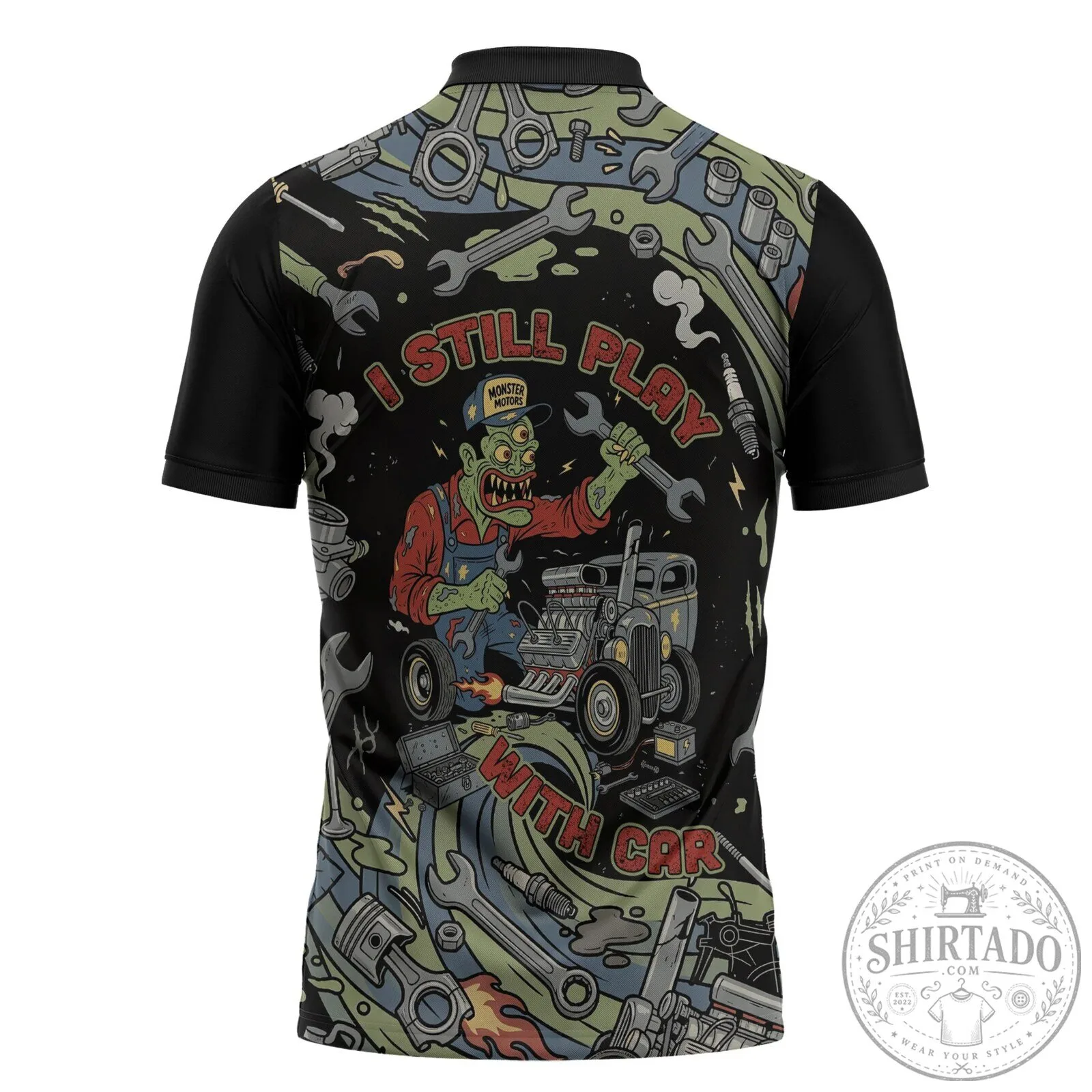 Monster Motors Hot Rod Mechanic Zombie Engine Tools Polo Shirt 9 Monster Motors Hot Rod Mechanic Zombie Engine Tools Polo Shirt