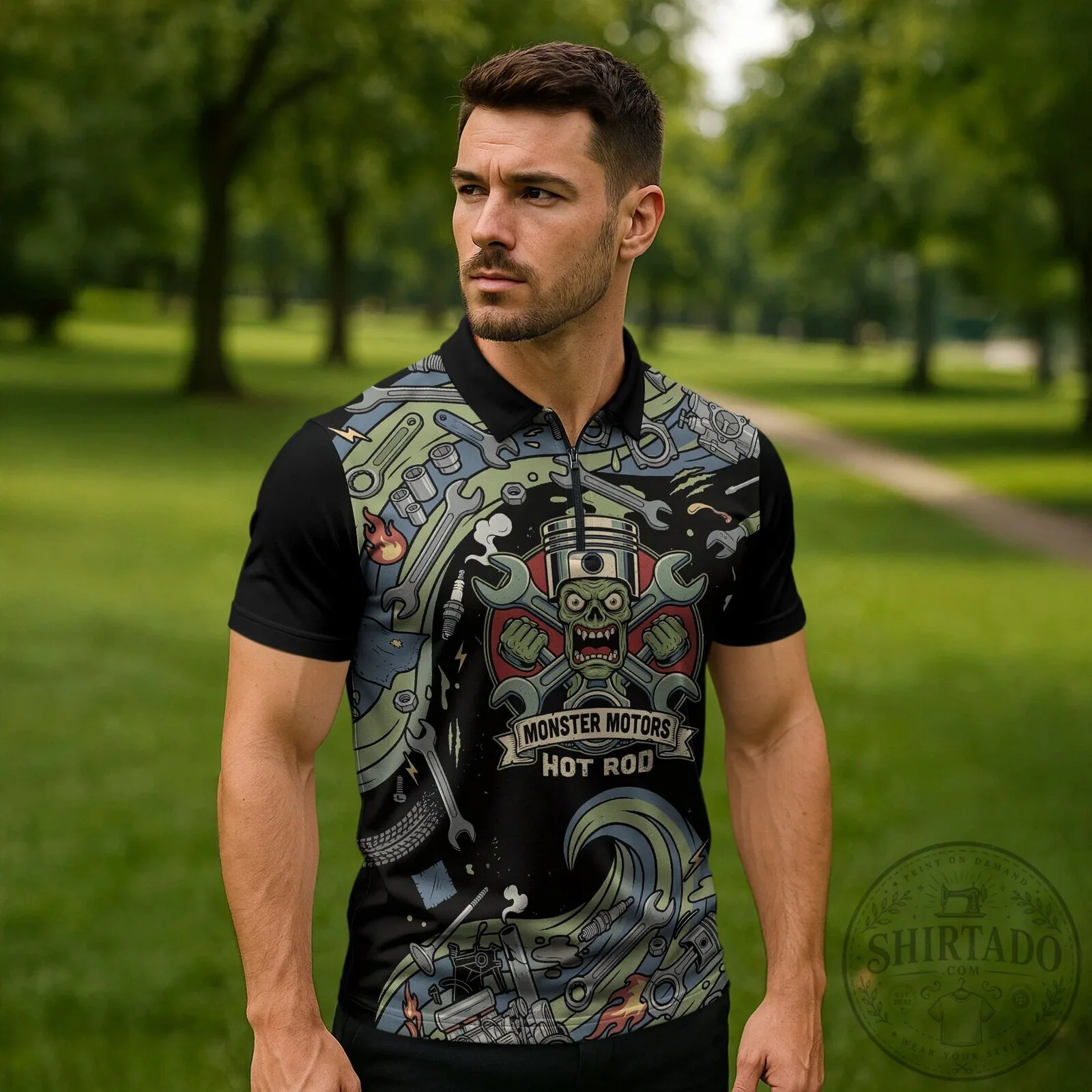 Monster Motors Hot Rod Mechanic Zombie Engine Tools Polo Shirt 10 Monster Motors Hot Rod Mechanic Zombie Engine Tools Polo Shirt