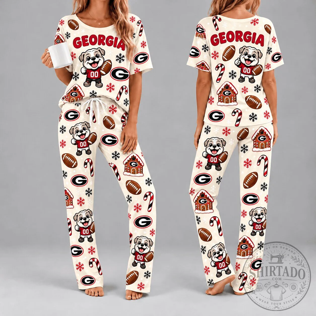 Georgia Bulldogs Christmas Holiday Women's Pajamas Set with Cute Mascot Design