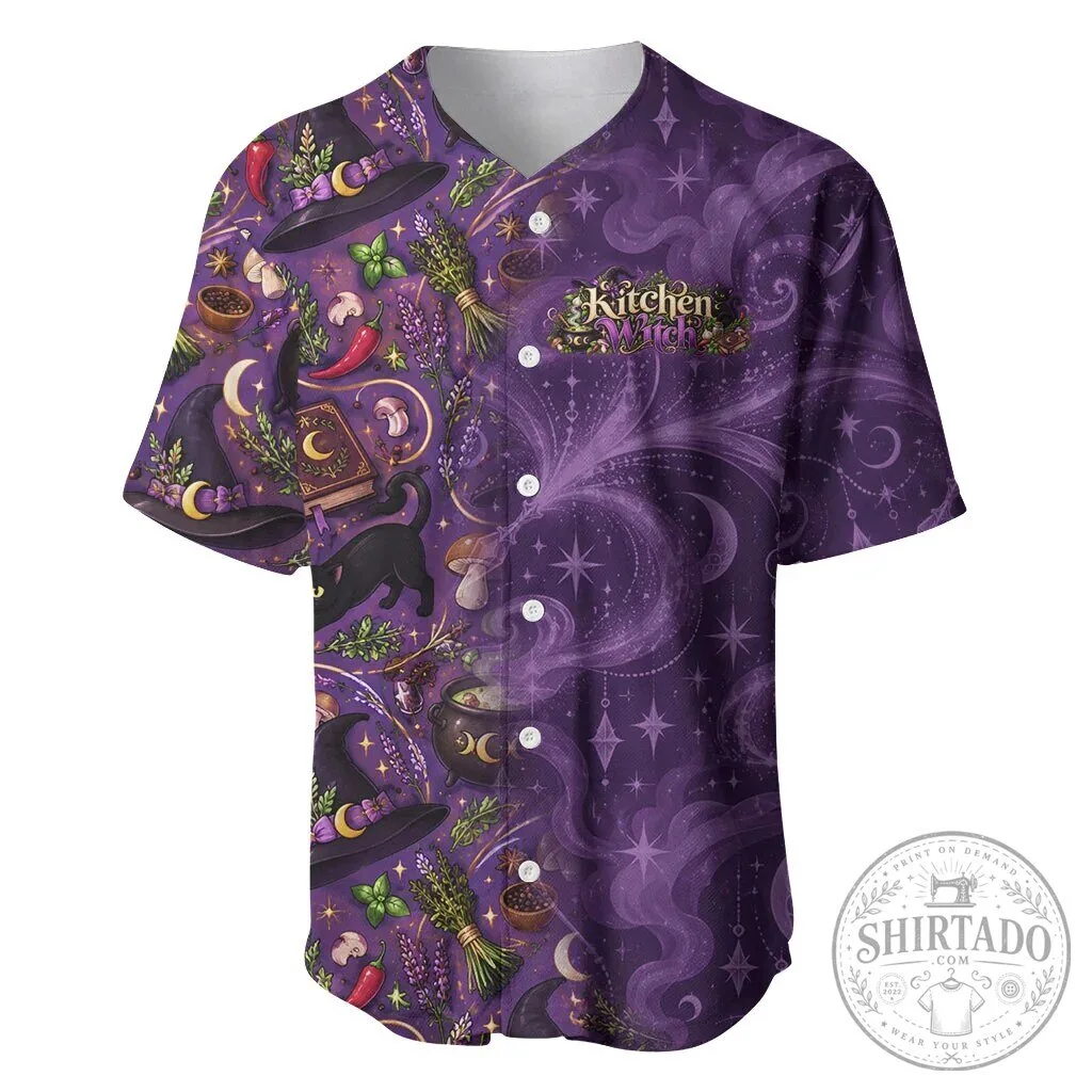 Kitchen Witch Mystical Magic Herb Cauldron Black Cat Baseball Jersey