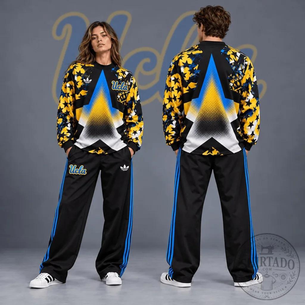 UCLA Bruins Starburst Pattern Crewneck Sweatshirt and Wide Leg Track Pants Set UCLA Bruins Starburst Pattern Crewneck Sweatshirt and Wide Leg Track Pants Set