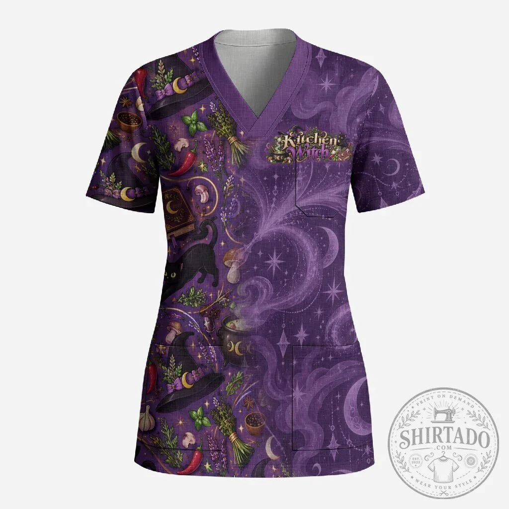 Kitchen Witch Mystical Wiccan Magic Herb Cauldron Black Cat Scrub Top
