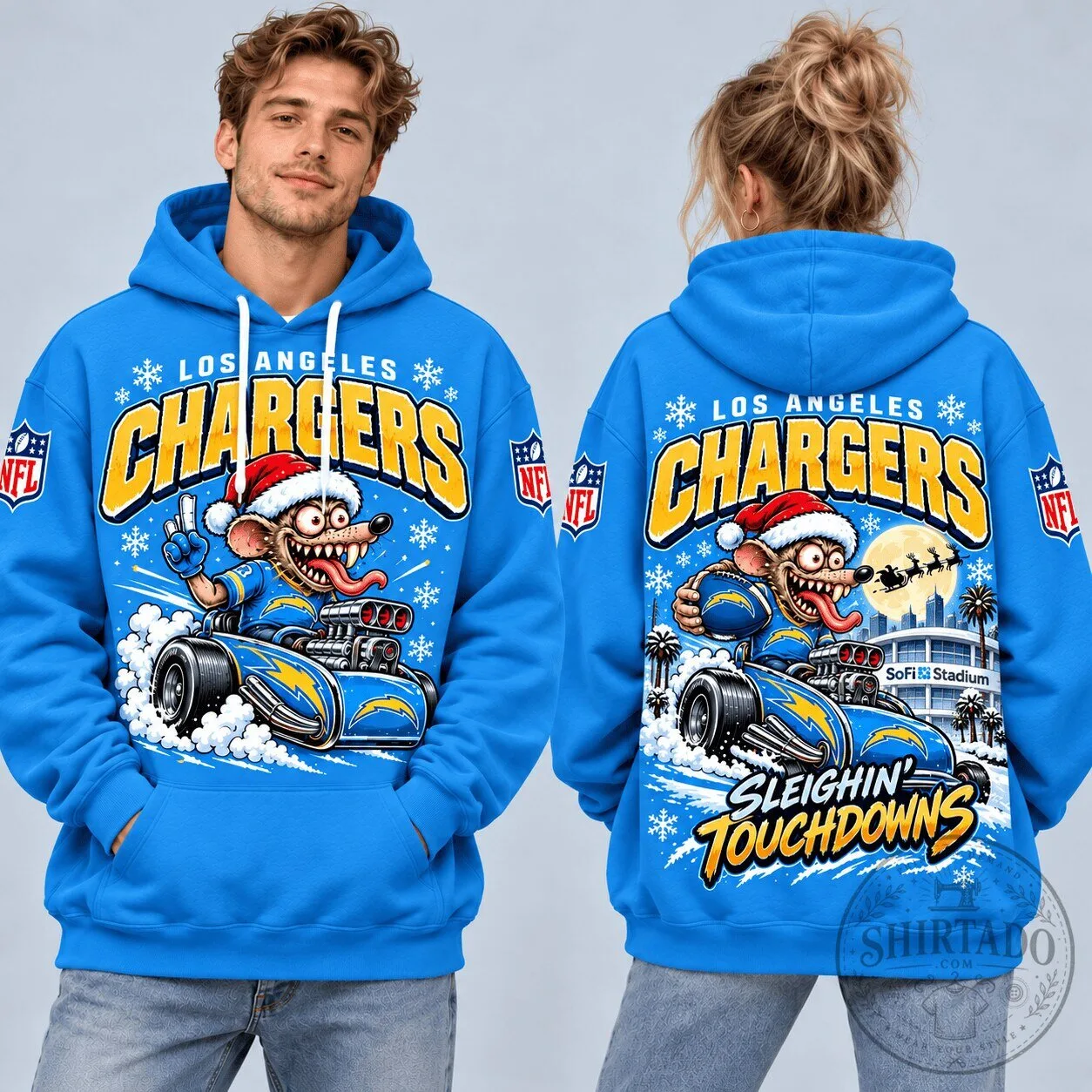 Los Angeles Chargers Christmas Rat Fink Sleighin' Touchdowns Holiday Hoodie