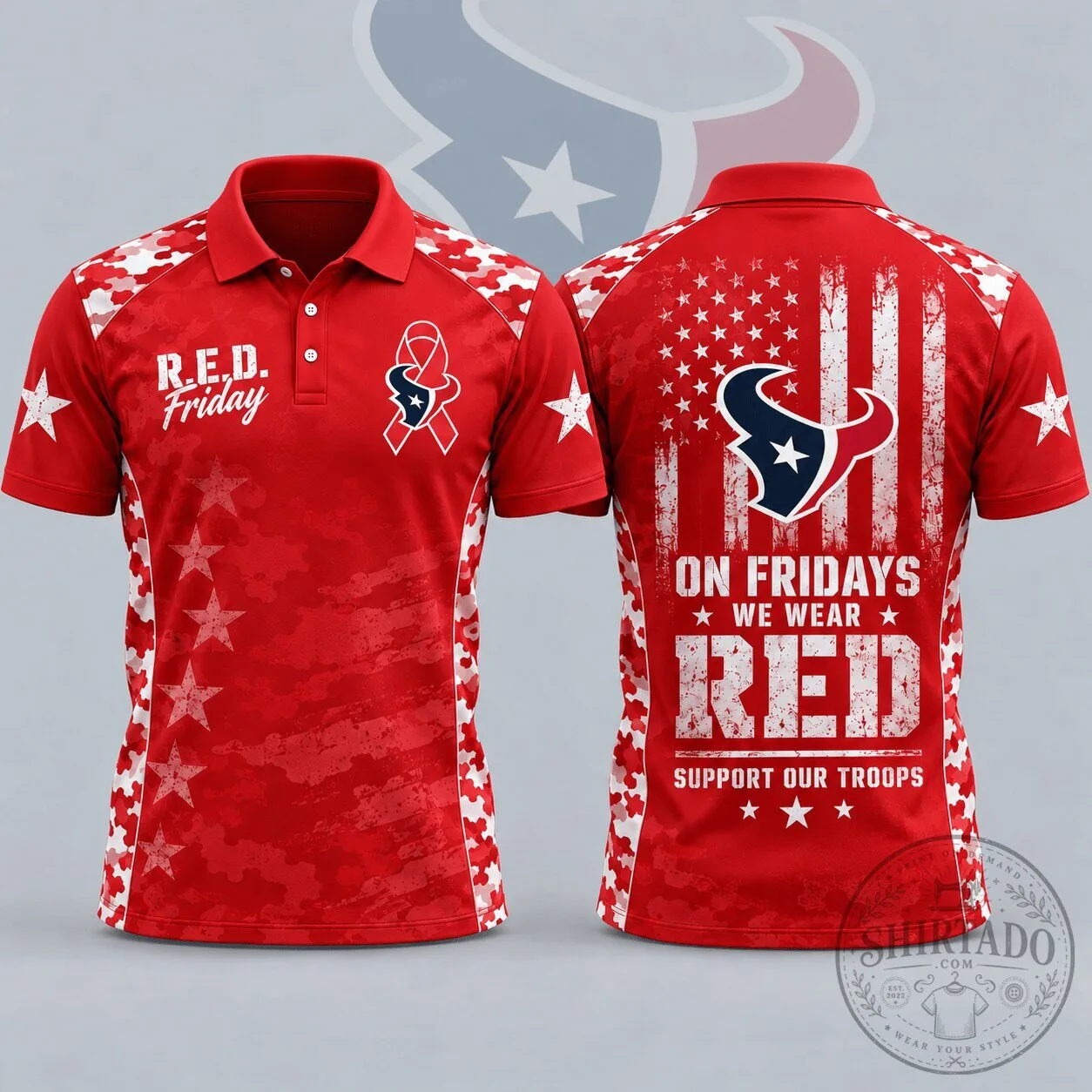 Houston Texans R.E.D. Friday Patriotic Military Camouflage American Flag Polo Shirt 1 Houston Texans R.E.D. Friday Patriotic Military Camouflage American Flag Polo Shirt