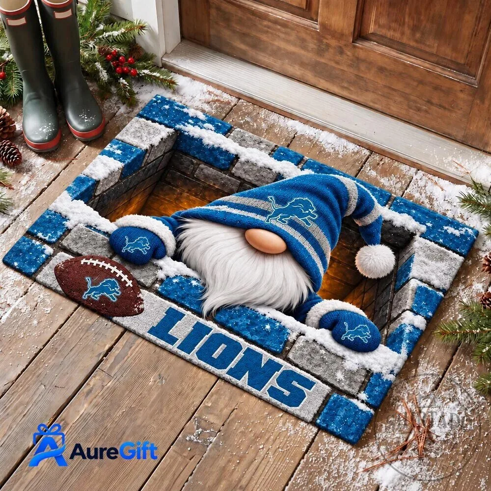 Detroit Lions Football Gnome Winter Wonderland Christmas Holiday Doormat