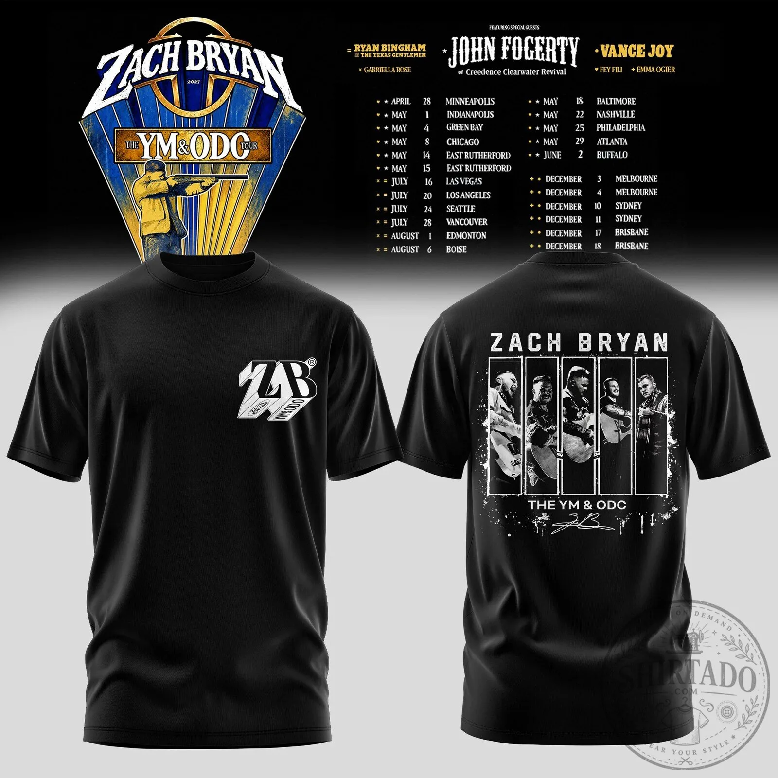 Zach Bryan The YM & ODC Tour 2024 Concert Schedule Black T-Shirt