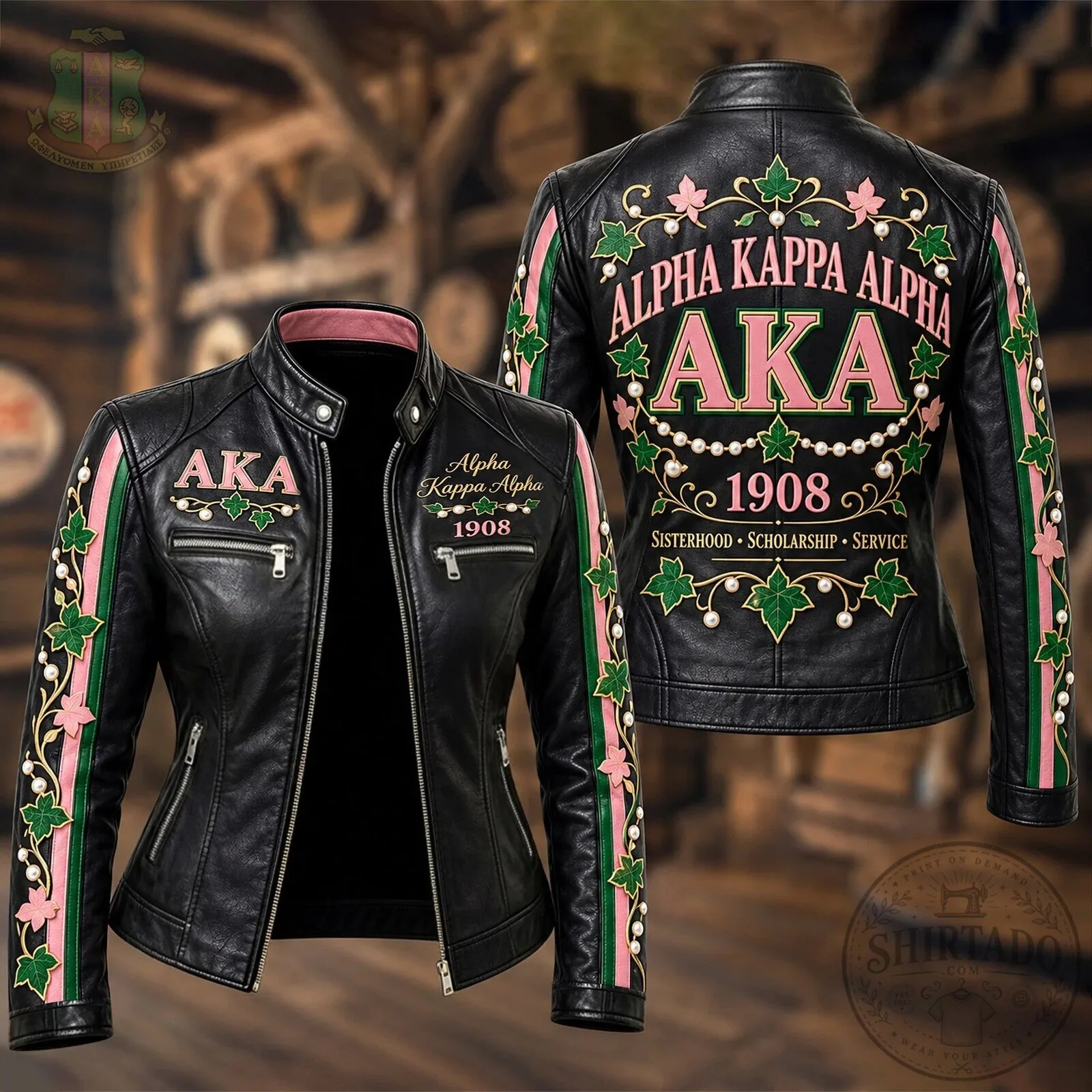 Alpha Kappa Alpha Sorority Incorporated Pink and Green Womens Leather Jacket
