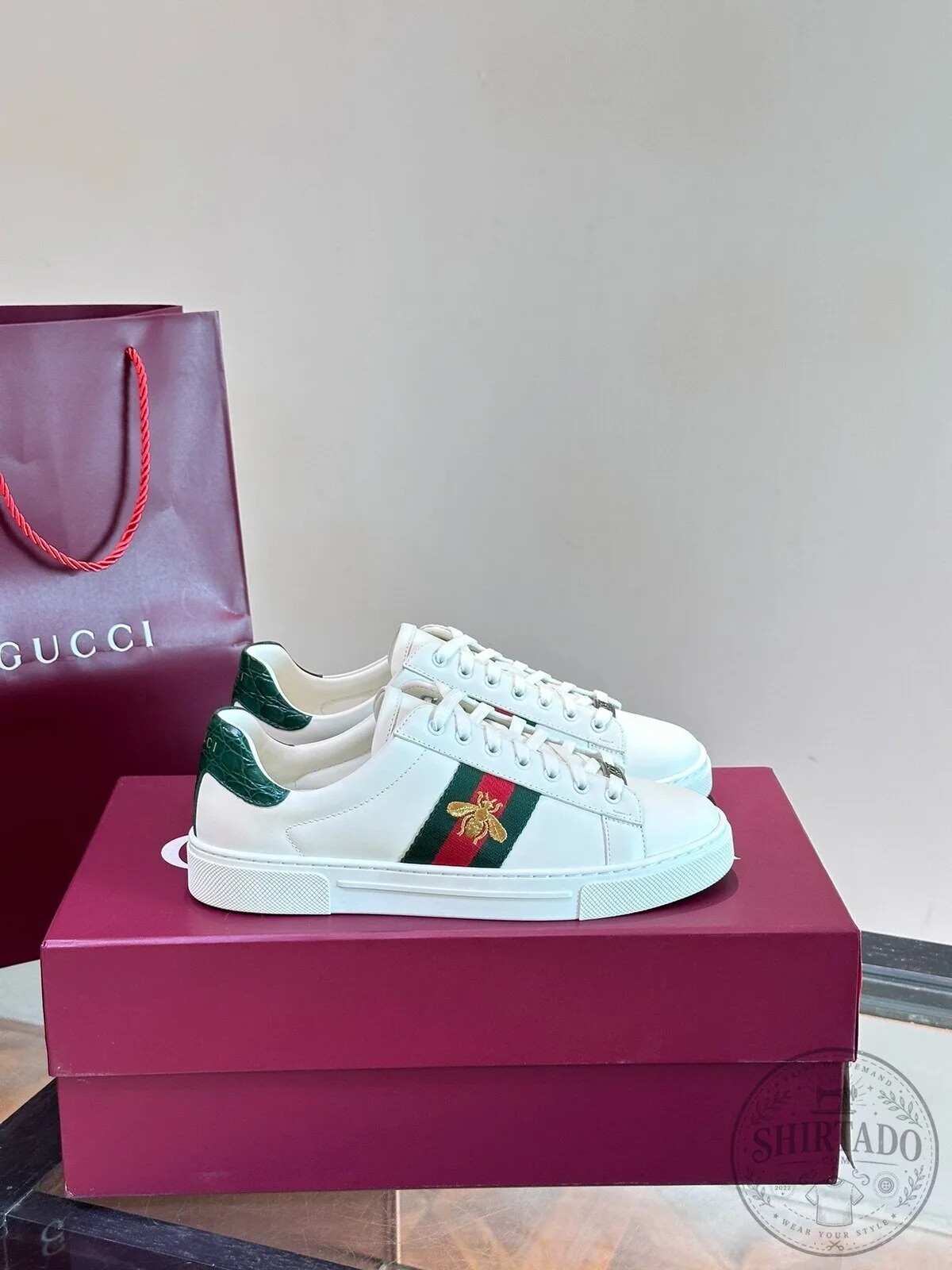 White Leather Sneakers with Embroidered Bee by Gucci Ace