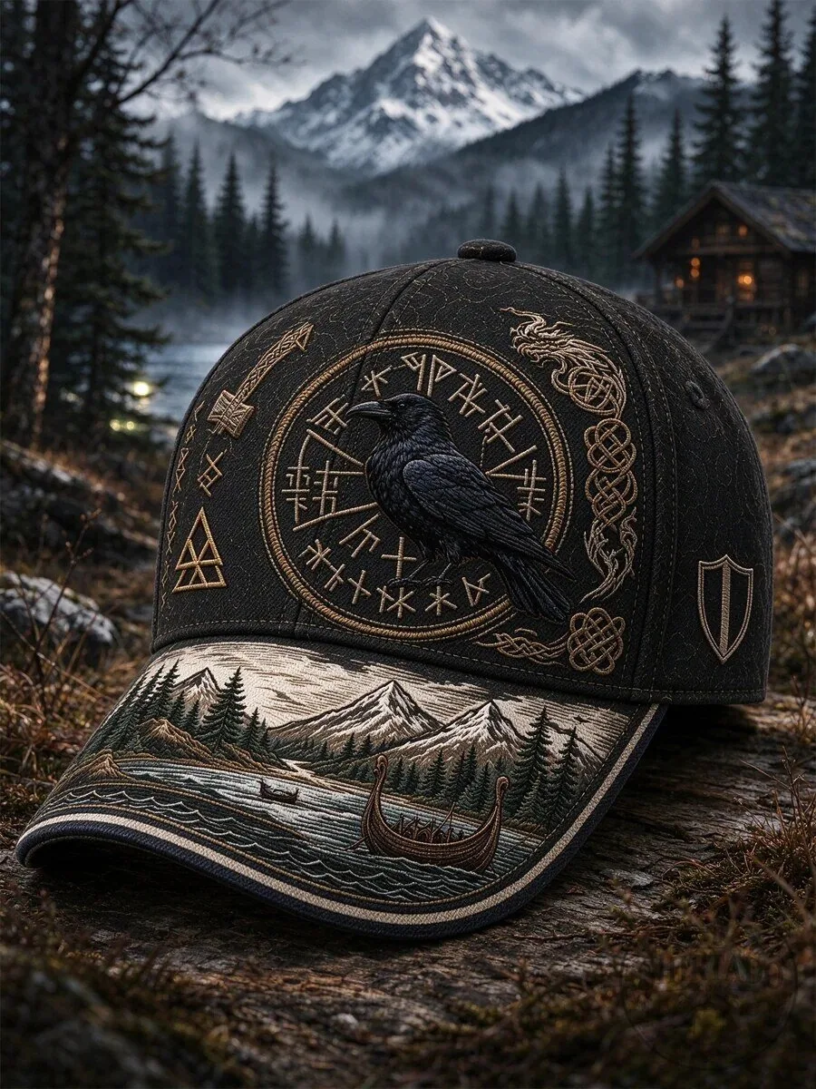 Viking Raven Vegvisir Norse Mythology Embroidered Baseball Cap Hat