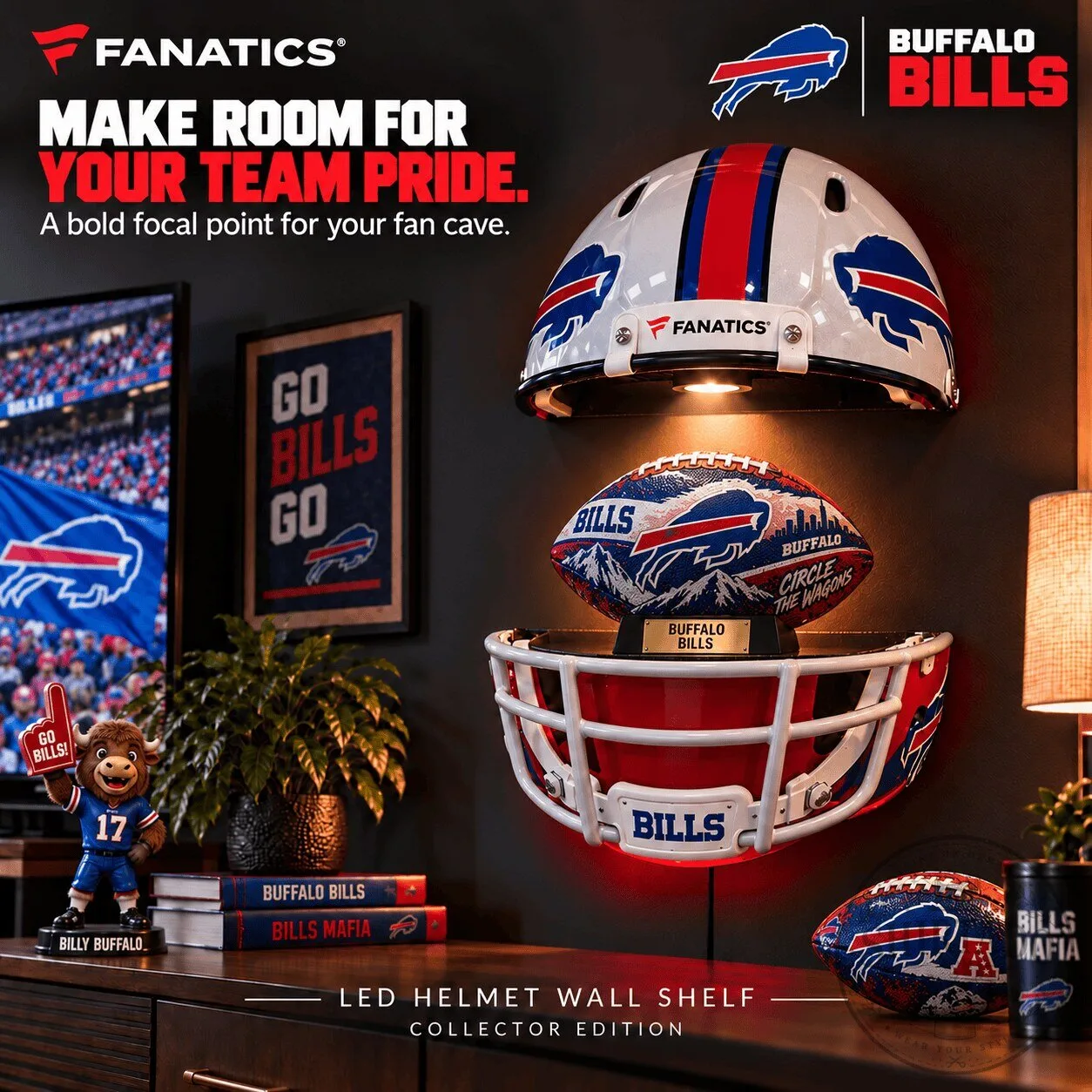 Buffalo Bills NFL Football Helmet Wall Shelf with LED Lights