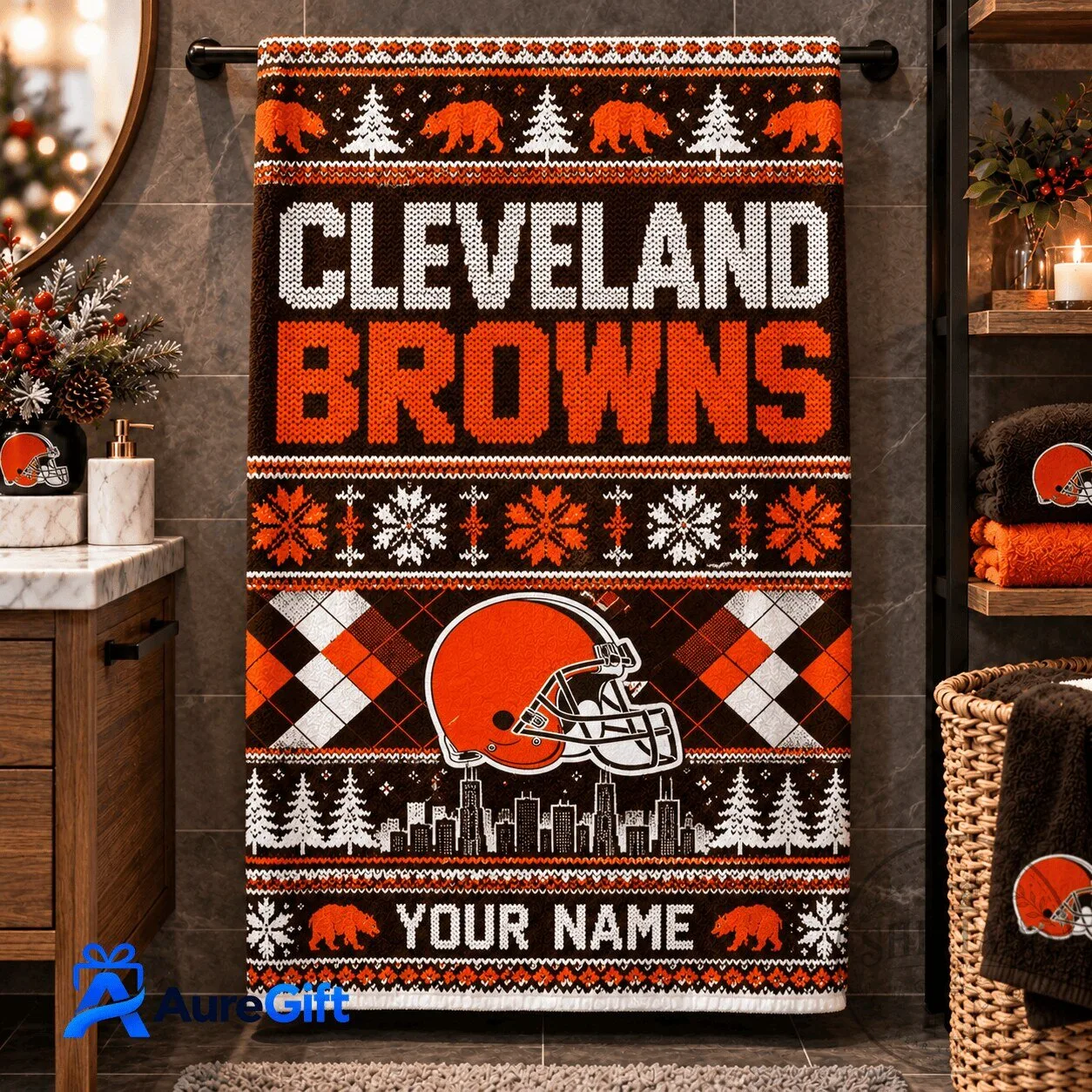 Cleveland Browns Christmas Personalized Name Ugly Sweater Style Bath Towel