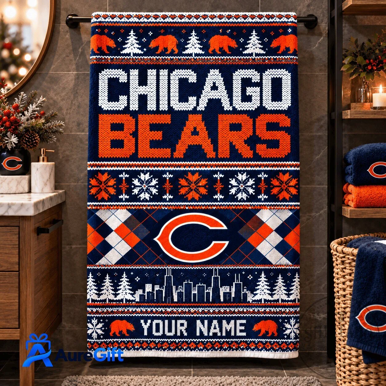 Chicago Bears Christmas Personalized Name Knit Pattern Bath Towel