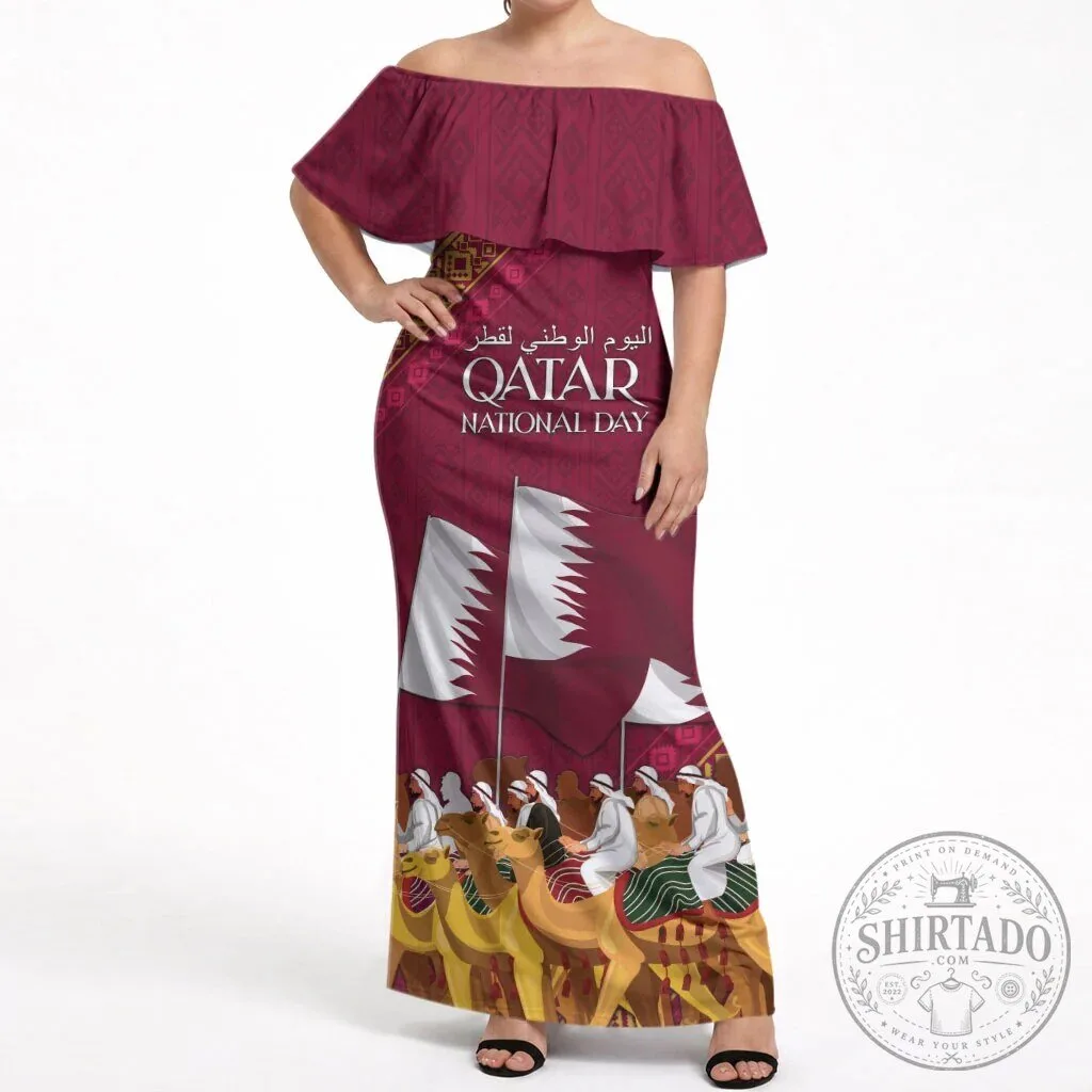 Qatar National Day Off Shoulder Maxi Dress Arabian Peninsula Camel Parade 1 Qatar National Day Off Shoulder Maxi Dress Arabian Peninsula Camel Parade