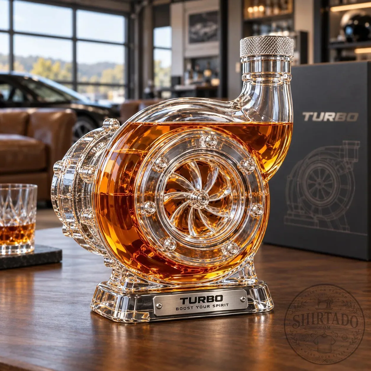 Turbocharger Whiskey Decanter Bottle with Glass Stopper for Liquor and Spirits