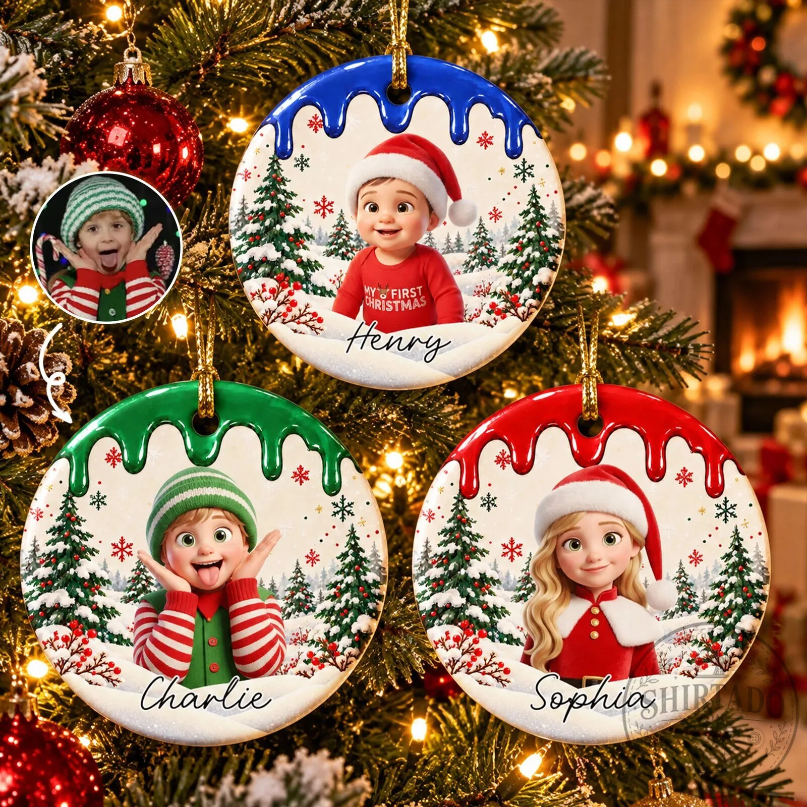 Personalized Baby's First Christmas Cartoon Portrait Ceramic Ornament