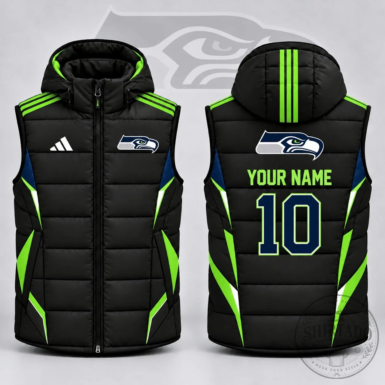 Seattle Seahawks Custom Name Number Athletic Stripe Hooded Puffer Vest