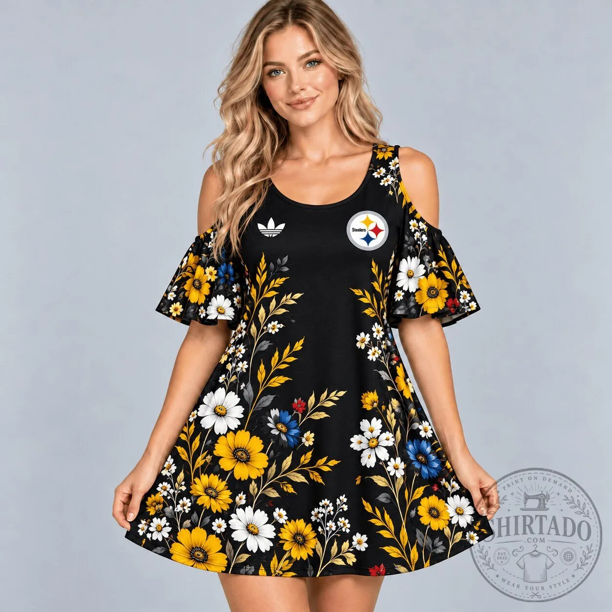 Pittsburgh Steelers Elegant Floral Print Cold Shoulder Ruffle Sleeve Mini Dress