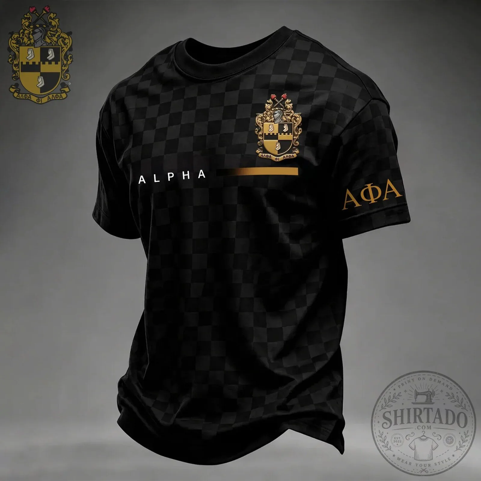 Greek Letter T-Shirt with Black Checkered Design for Alpha Phi Alpha Fraternity