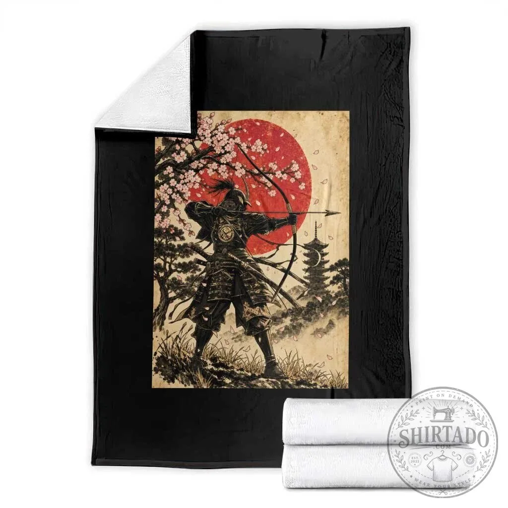 Vintage Japanese Samurai Archer Ukiyo-e Style Kyudo Bowhunter Throw Blanket