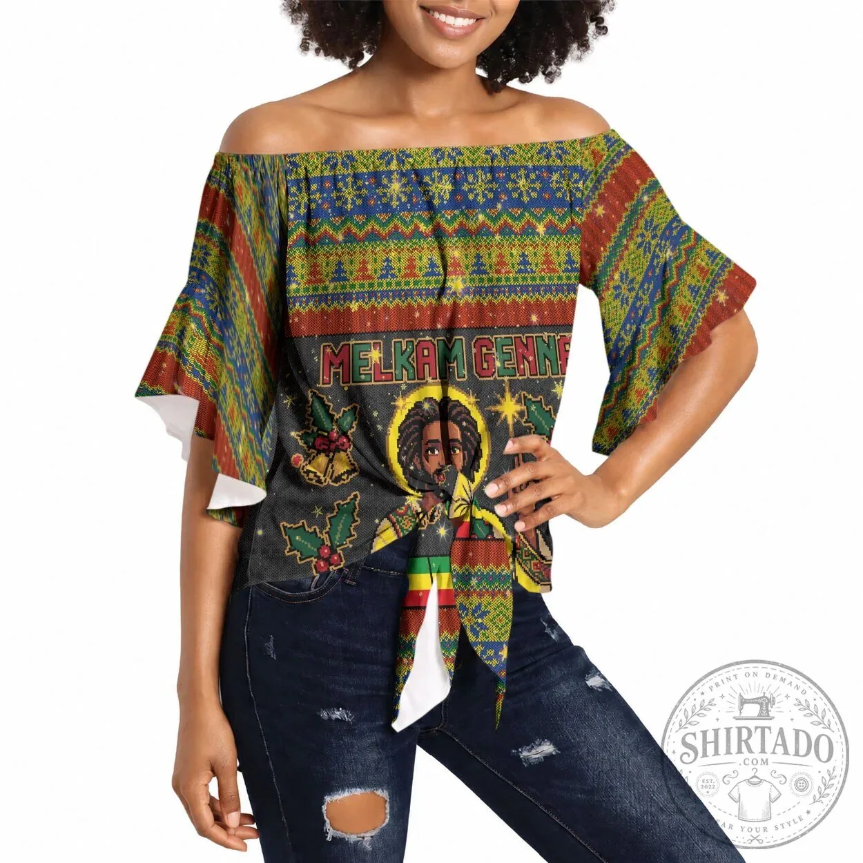 Ethiopian Melkam Genna Jesus Christmas Off Shoulder Wrap Waist Top