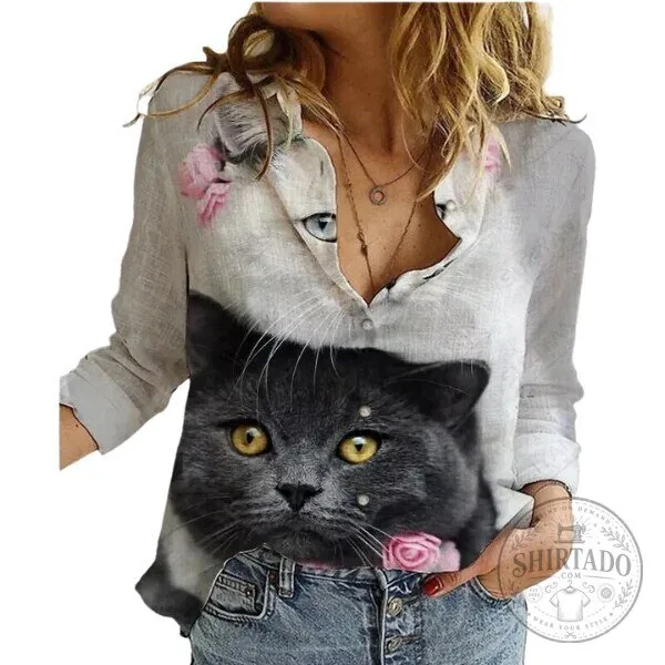 Cute Cat Face Print Women's Long Sleeve Button-Up Shirt