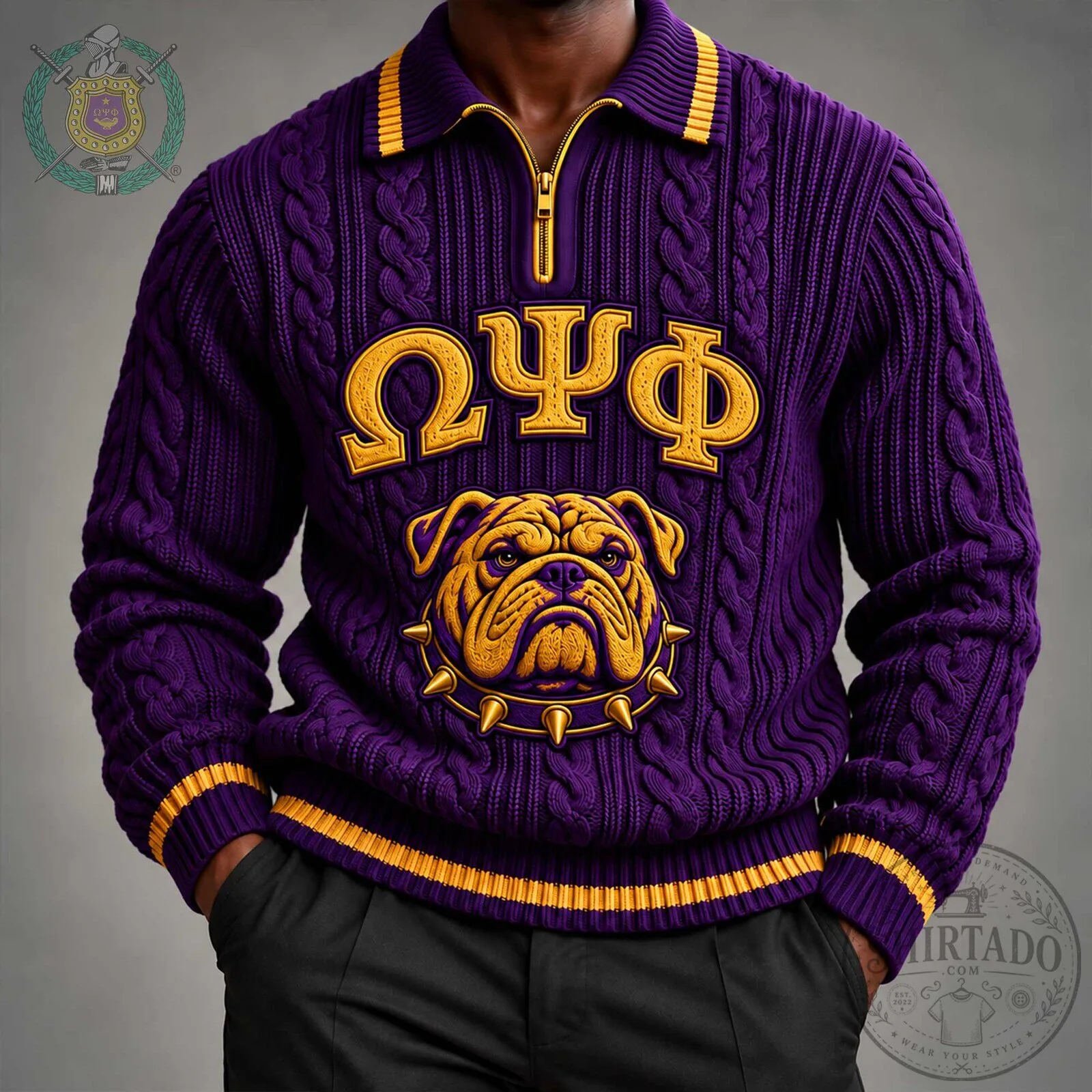 Omega Psi Phi Fraternity Bulldog Mascot Purple Cable Knit Quarter Zip Polo Shirt