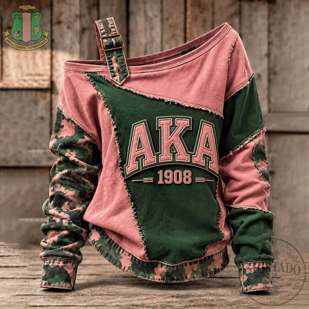 Alpha Kappa Alpha Sorority 1908 Pink Green Off Shoulder Sweatshirt Alpha Kappa Alpha Sorority 1908 Pink Green Off Shoulder Sweatshirt