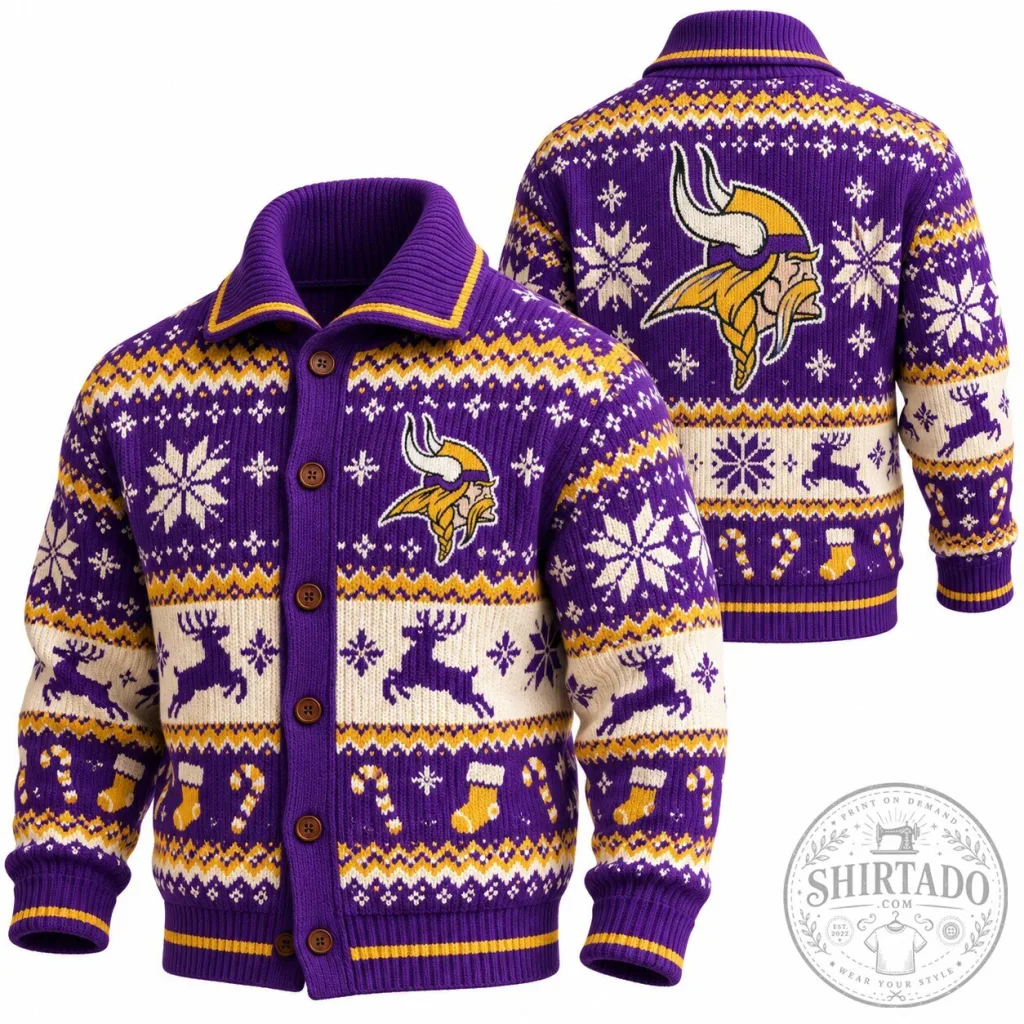 Knit Cardigan for Ugly Christmas featuring Minnesota Vikings Design Knit Cardigan for Ugly Christmas featuring Minnesota Vikings Design