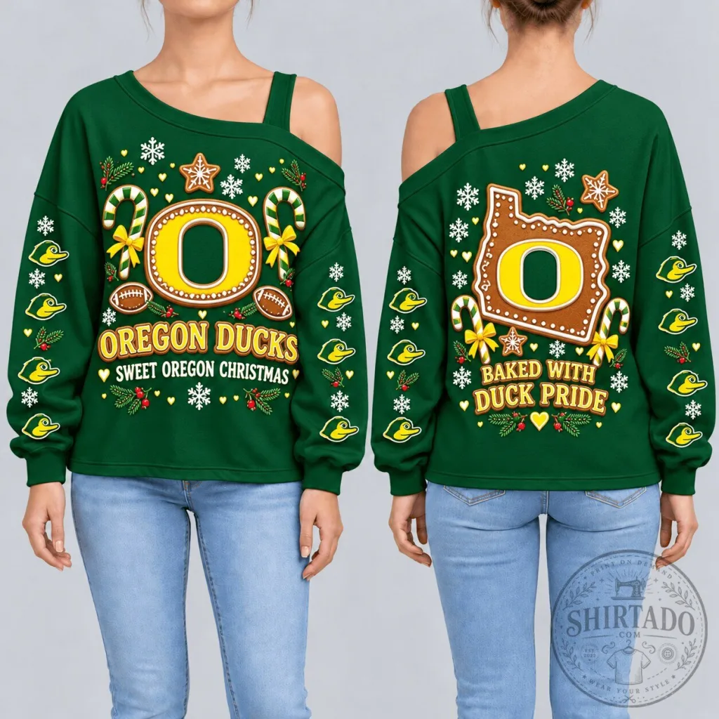Oregon Ducks Sweet Christmas Gingerbread Holiday Off-Shoulder Sweatshirt Oregon Ducks Sweet Christmas Gingerbread Holiday Off-Shoulder Sweatshirt
