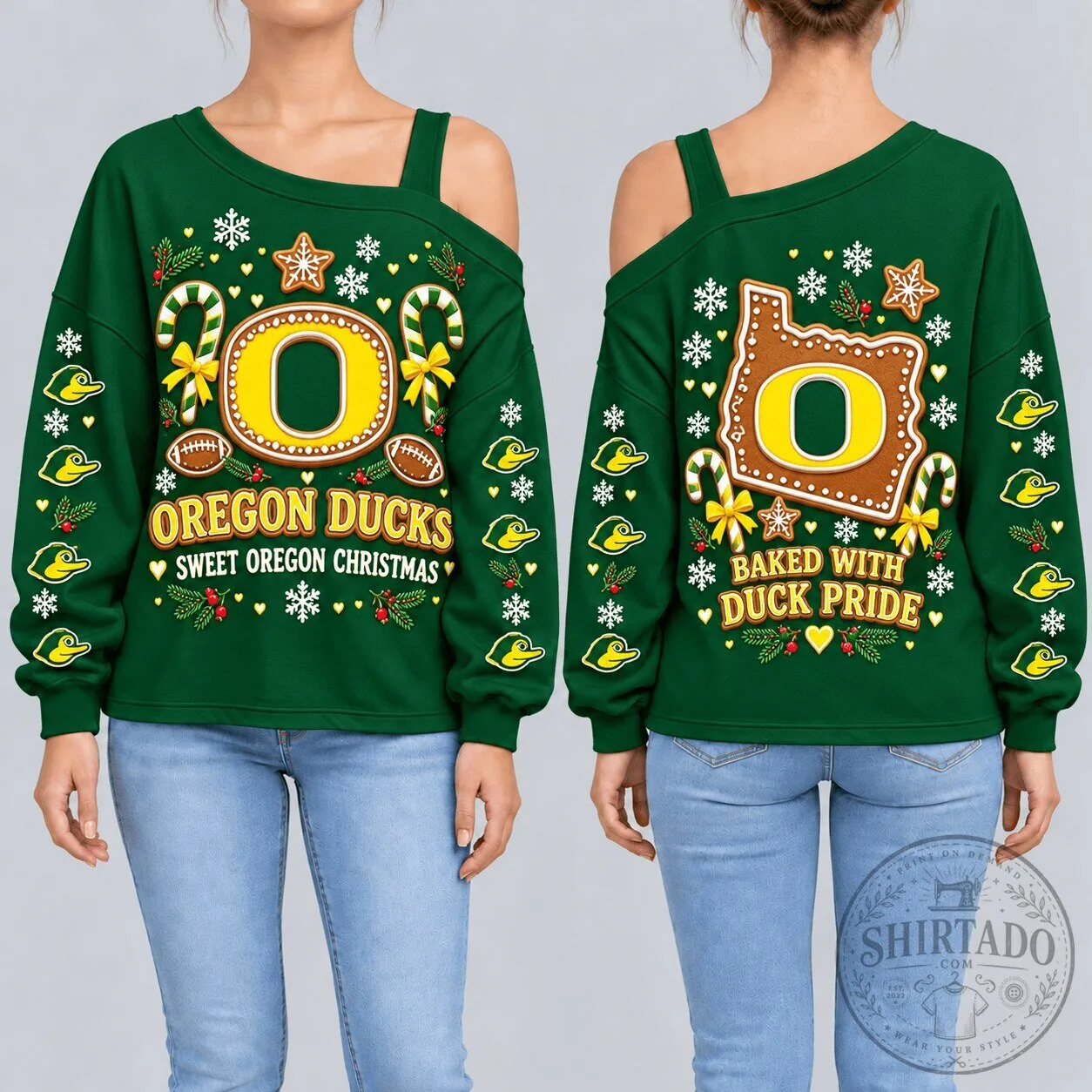 Oregon Ducks Sweet Christmas Gingerbread Holiday Off-Shoulder Sweatshirt 1 Oregon Ducks Sweet Christmas Gingerbread Holiday Off-Shoulder Sweatshirt