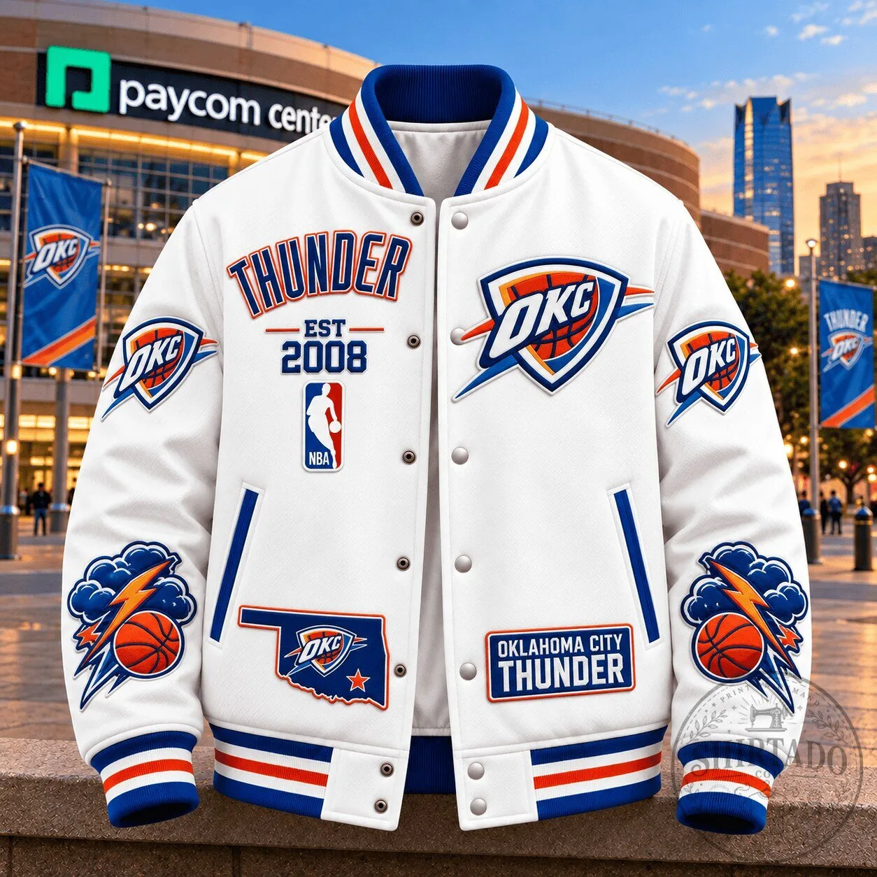 Oklahoma City Thunder NBA Basketball Team White Varsity Jacket