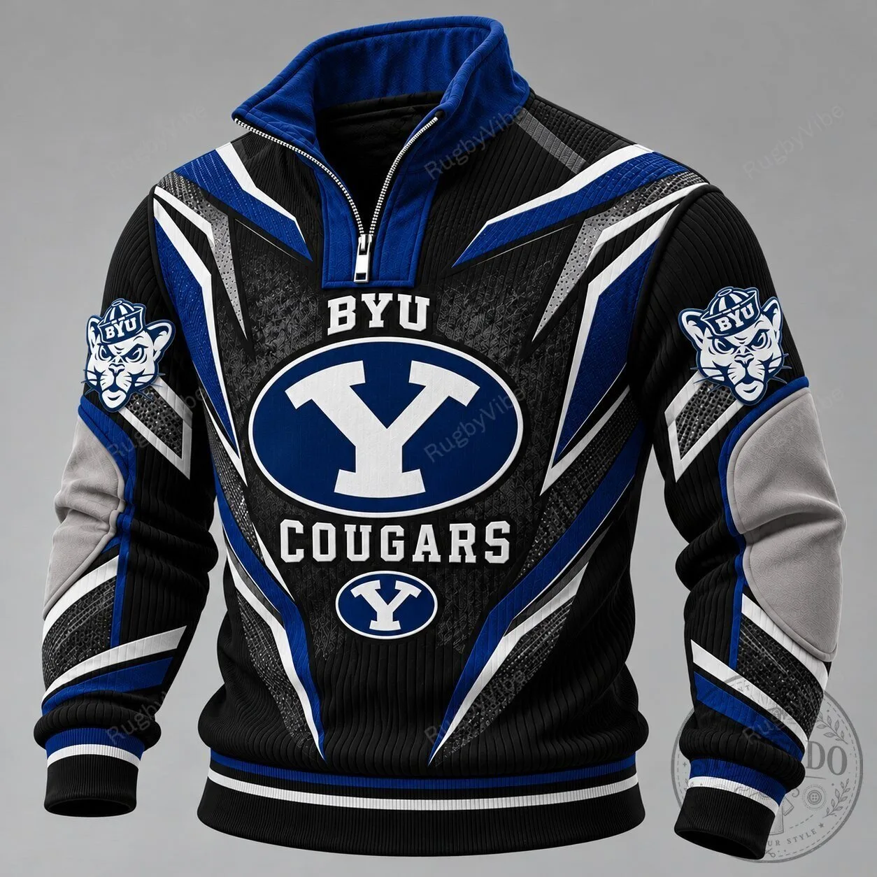 BYU Cougars Rugby Team Logo Blue and Black Quarter Zip Pullover Hoodie