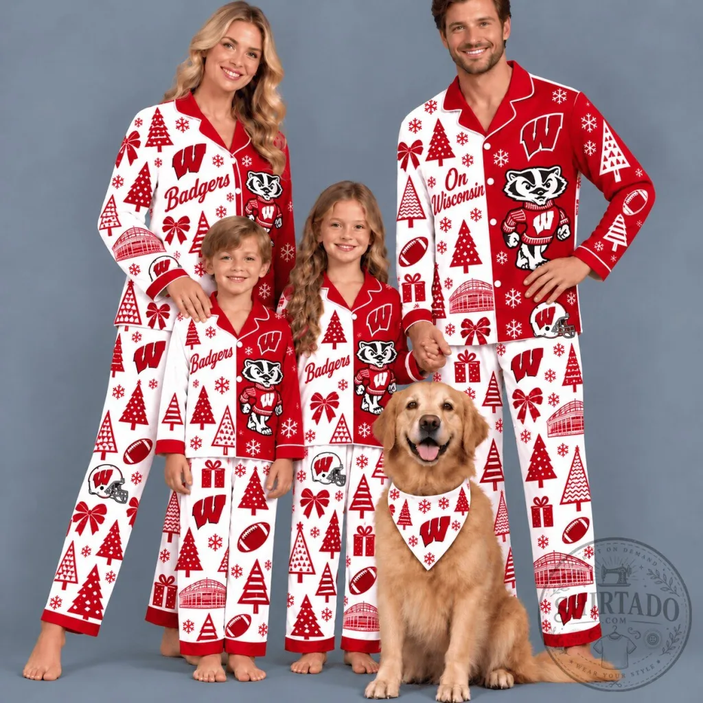 Wisconsin Badgers Christmas Holiday Family Matching Pajamas Set Wisconsin Badgers Christmas Holiday Family Matching Pajamas Set