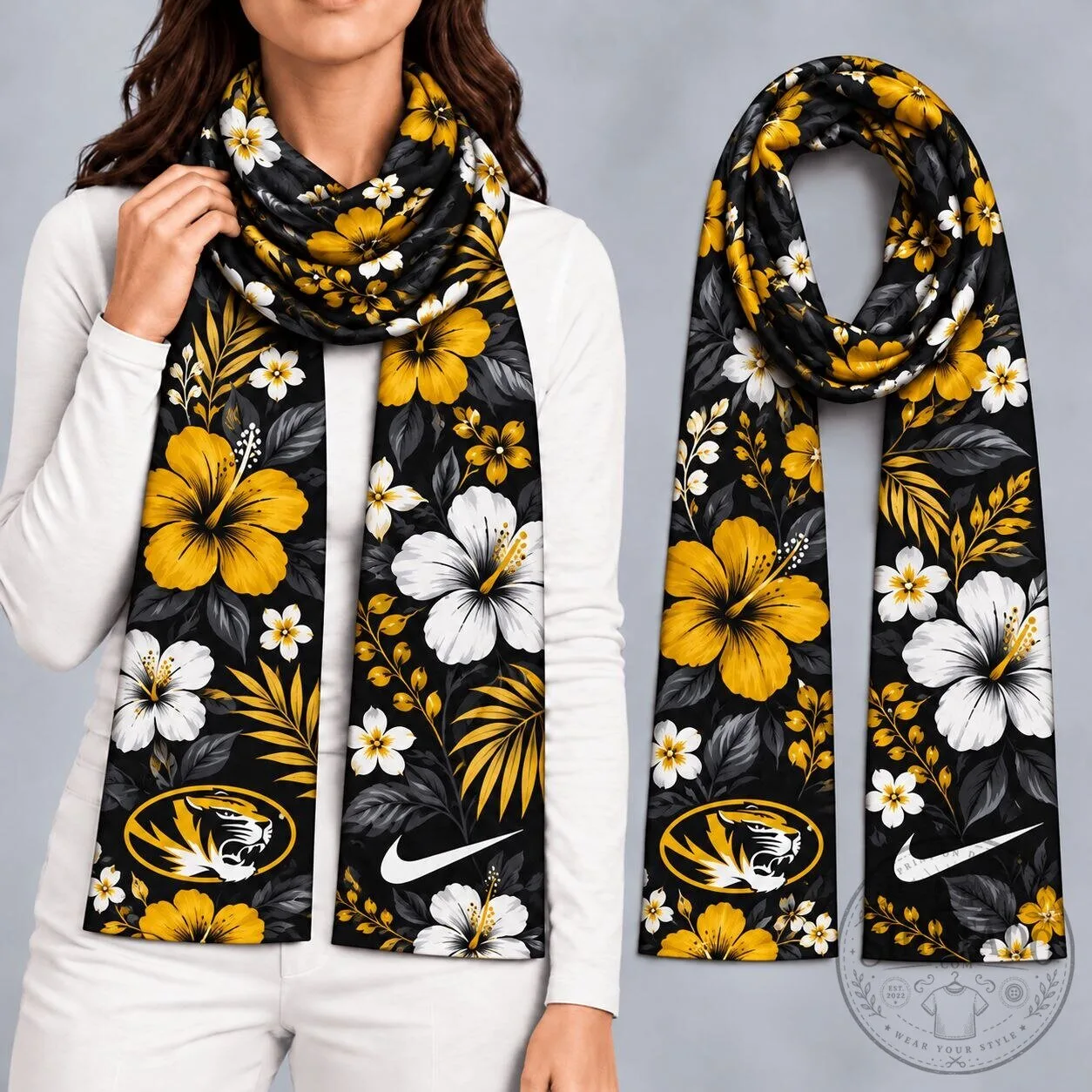 Missouri Tigers NCAA Floral Hibiscus Black and Gold Game Day Scarf 3 Missouri Tigers NCAA Floral Hibiscus Black and Gold Game Day Scarf