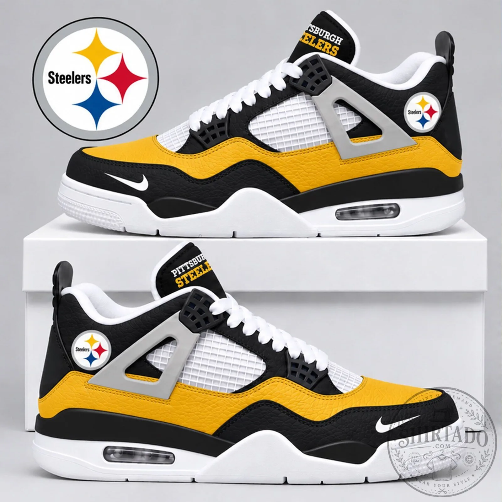 Pittsburgh Steelers NFL Team Logo Black and Yellow Air Jordan 4 Style Shoes 1 Pittsburgh Steelers NFL Team Logo Black and Yellow Air Jordan 4 Style Shoes