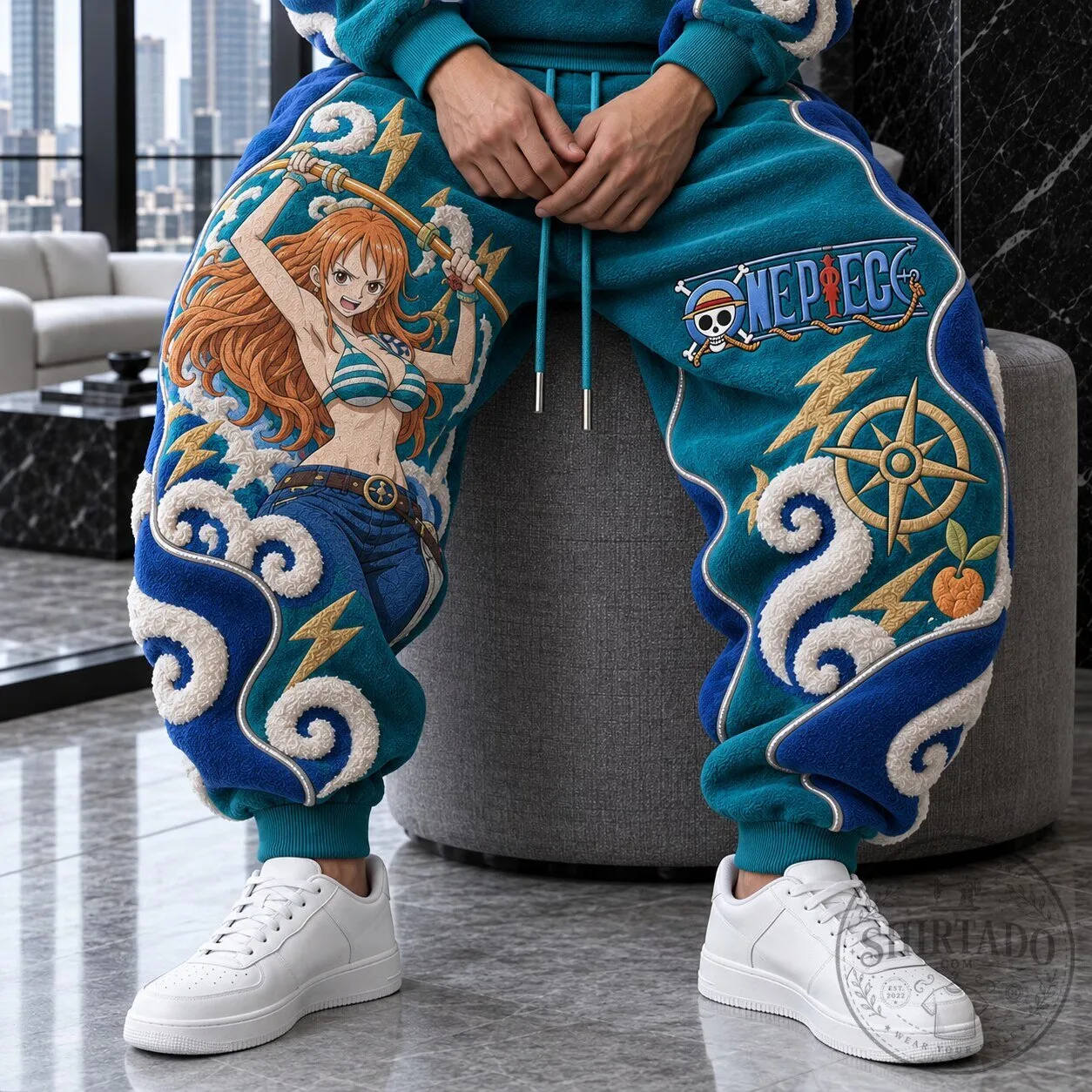 One Piece Nami Anime Embroidered Fleece Jogger Sweatpants
