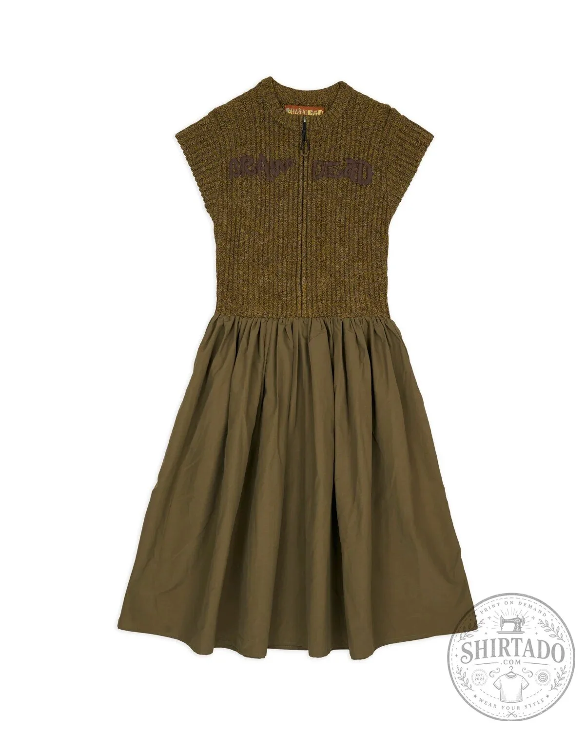 Olive Green Knit Short Sleeve Dress for Women with Zipper Closure 7 Olive Green Knit Short Sleeve Dress for Women with Zipper Closure
