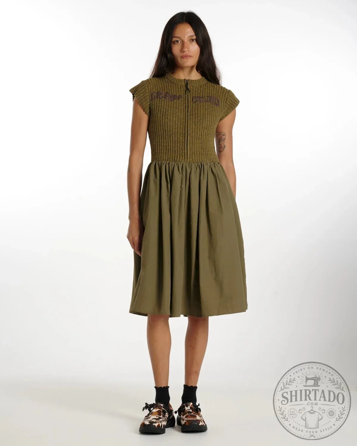 Olive Green Knit Short Sleeve Dress for Women with Zipper Closure 8 Olive Green Knit Short Sleeve Dress for Women with Zipper Closure